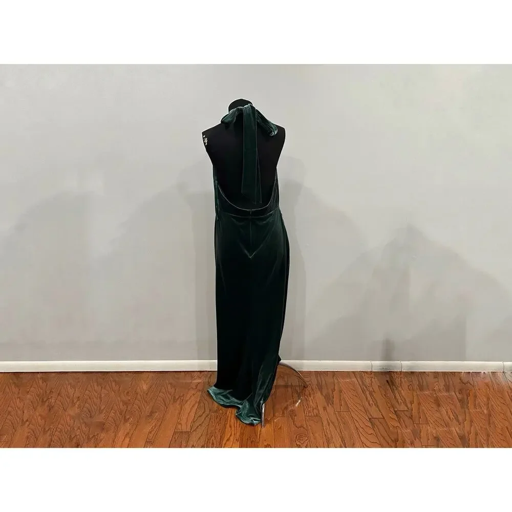 Mac Duggal 11924 Green Twist Neck Open Front Velvet Draped Velvet Dress Sz 12